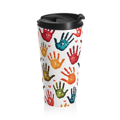 Mug de voyage — Gobelet en acier inoxydable à motifs d'empreintes de mains colorées (cadeau pour enfants et enseignants)