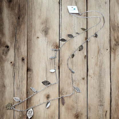 Scattered Leaf Necklace – Long Layering Chain with Cascading Silver & Mixed Metal Leaves