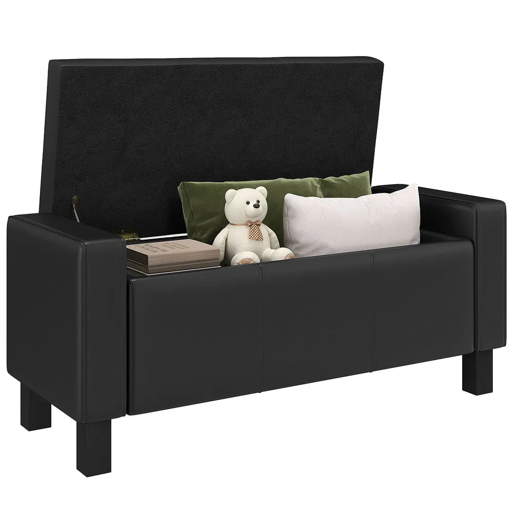 42-Inch Black Faux Leather Storage Ottoman Bench – Padded Footstool & Organizer Seat ( United States & Canada Delivery Only)