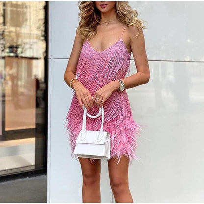 Robe courte à sequins avec plumes et franges pour femme – Robe de soirée à col en V et bretelles spaghetti