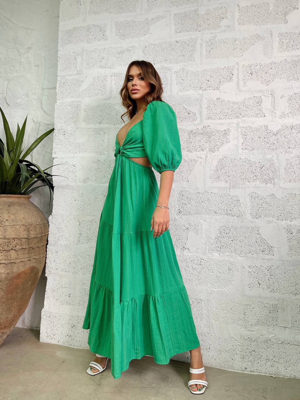 Robe midi en coton ajourée à manches ballon courtes