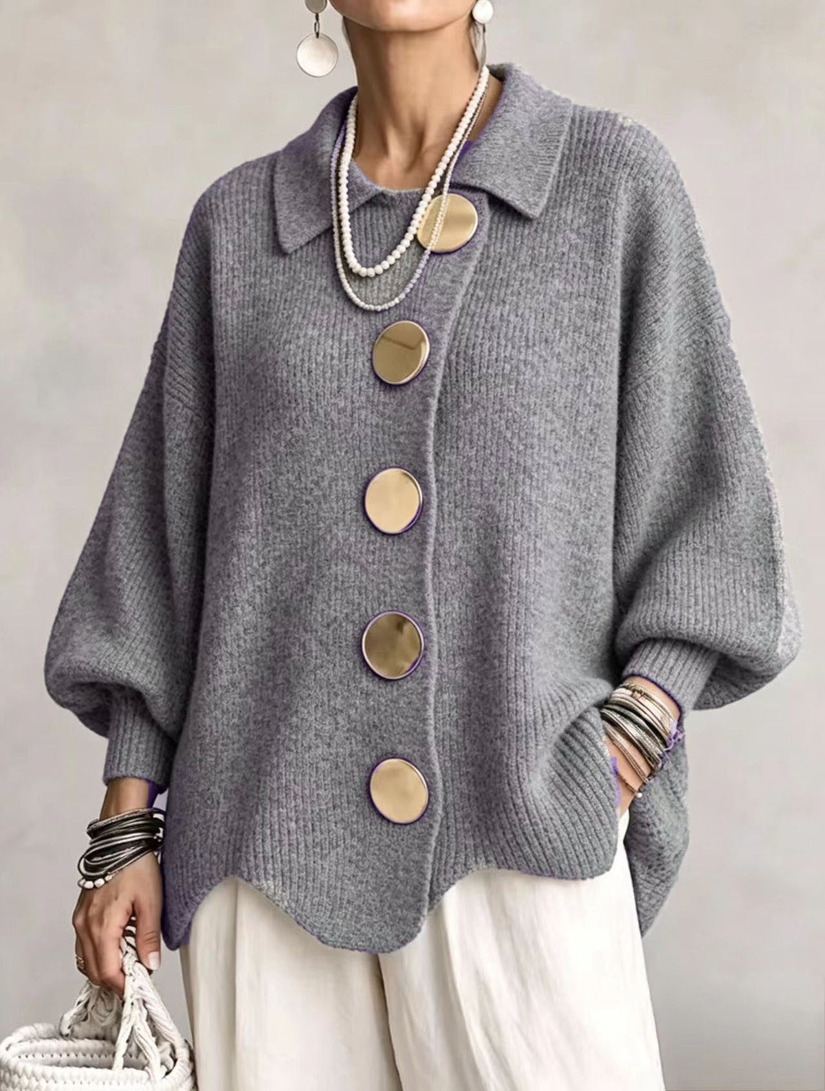 Gilet en maille boutonné pour femme – Pull automne-hiver ample à manches longues et col à revers