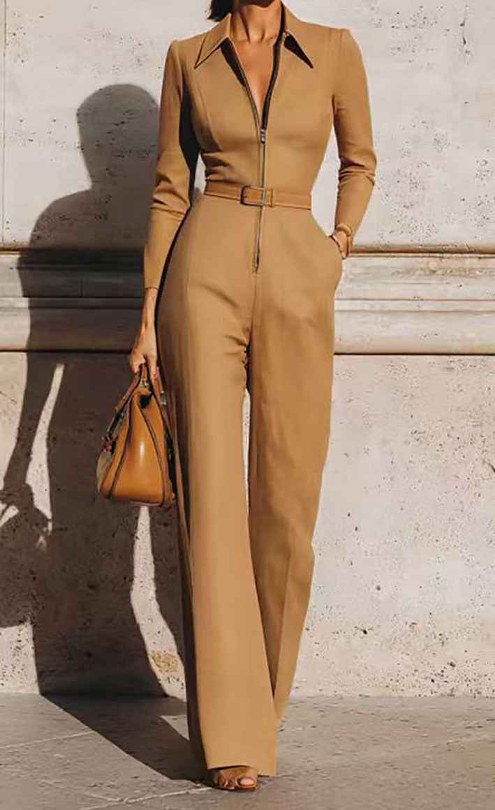 Combinaison femme automne-hiver à col en V et ceinture – Modèle une pièce à manches longues, fermeture zippée et jambes droites