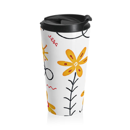 Mug de voyage en acier inoxydable Motif gribouillis floraux — Fleurs lumineuses dessinées à la main