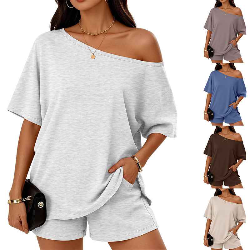 Womens 2-piece Fashionable Casual Set Slant-Neck Top And Shorts  For Loungewear Daily Wear Work Gym Outfit