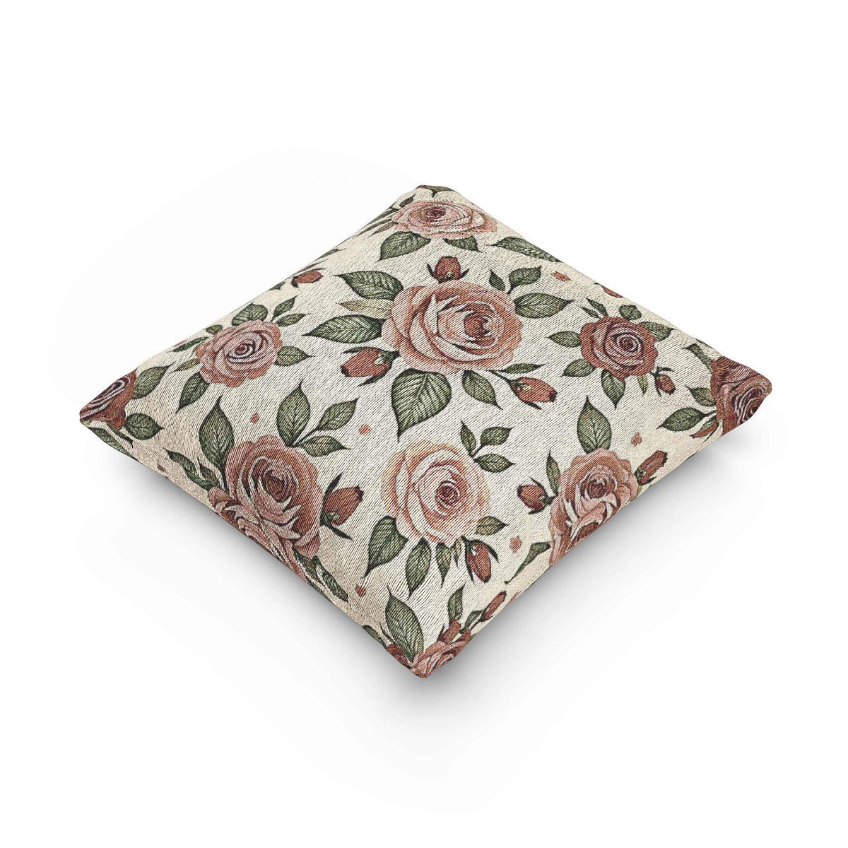 Coussin tissé motif rose vintage | Coussin décoratif tapisserie rose