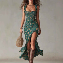 Robe nuisette rétro sans manches pour femme avec ourlet à volants et fente latérale haute