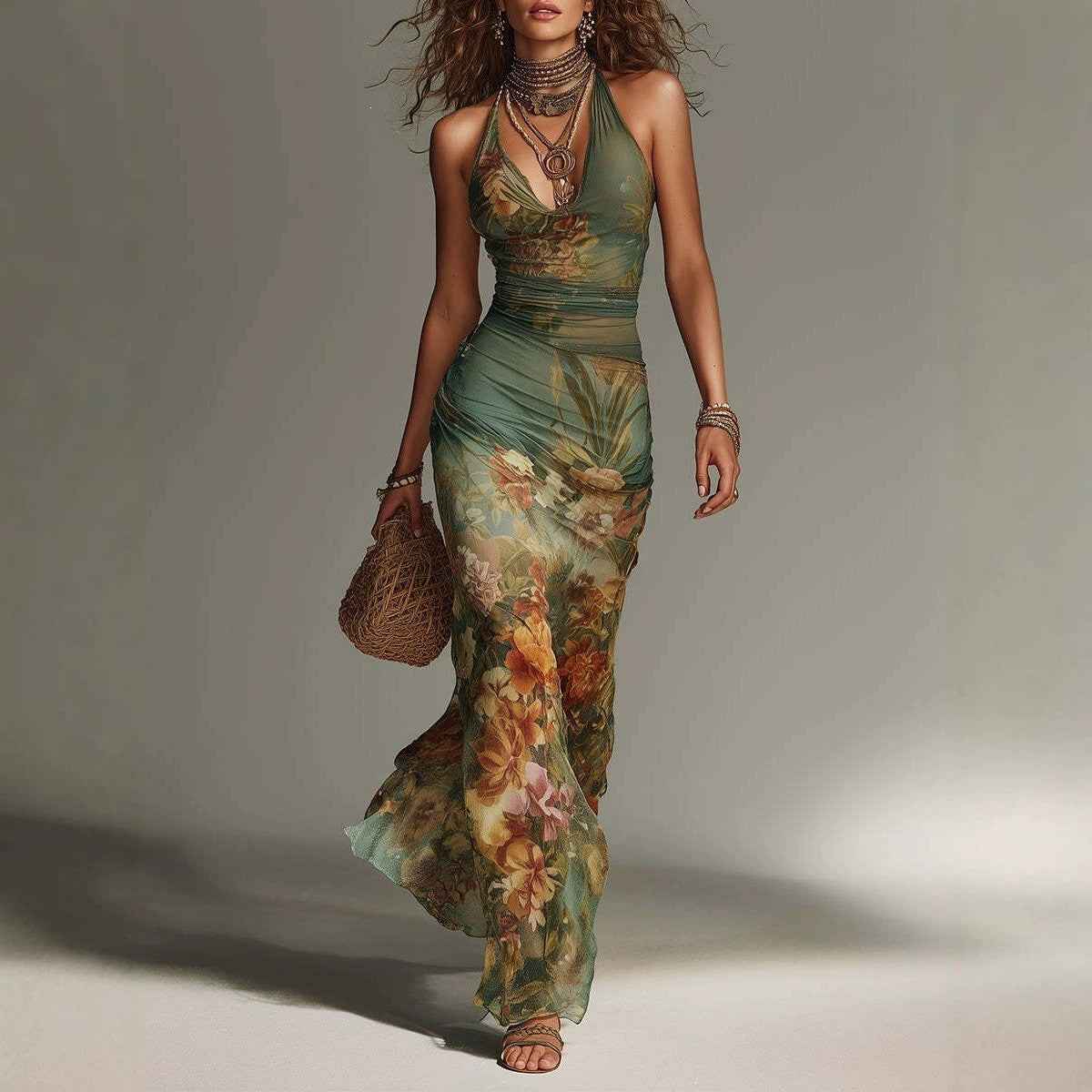 Robe longue dos nu à fleurs pour femme – Robe d'été sexy à lacets pour les vacances
