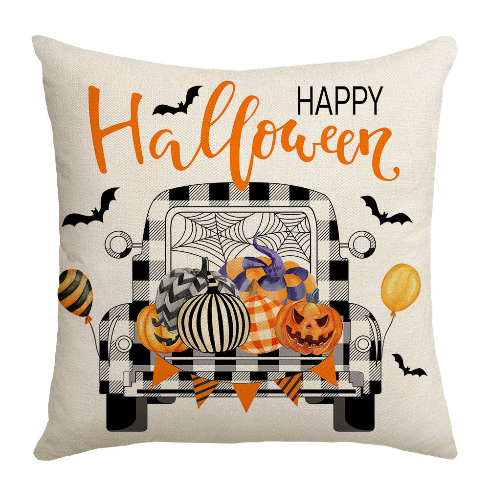 Housse de coussin Halloween voiture dessin animé citrouille – Taie d'oreiller décorative style nordique pour canapé 45×45 cm