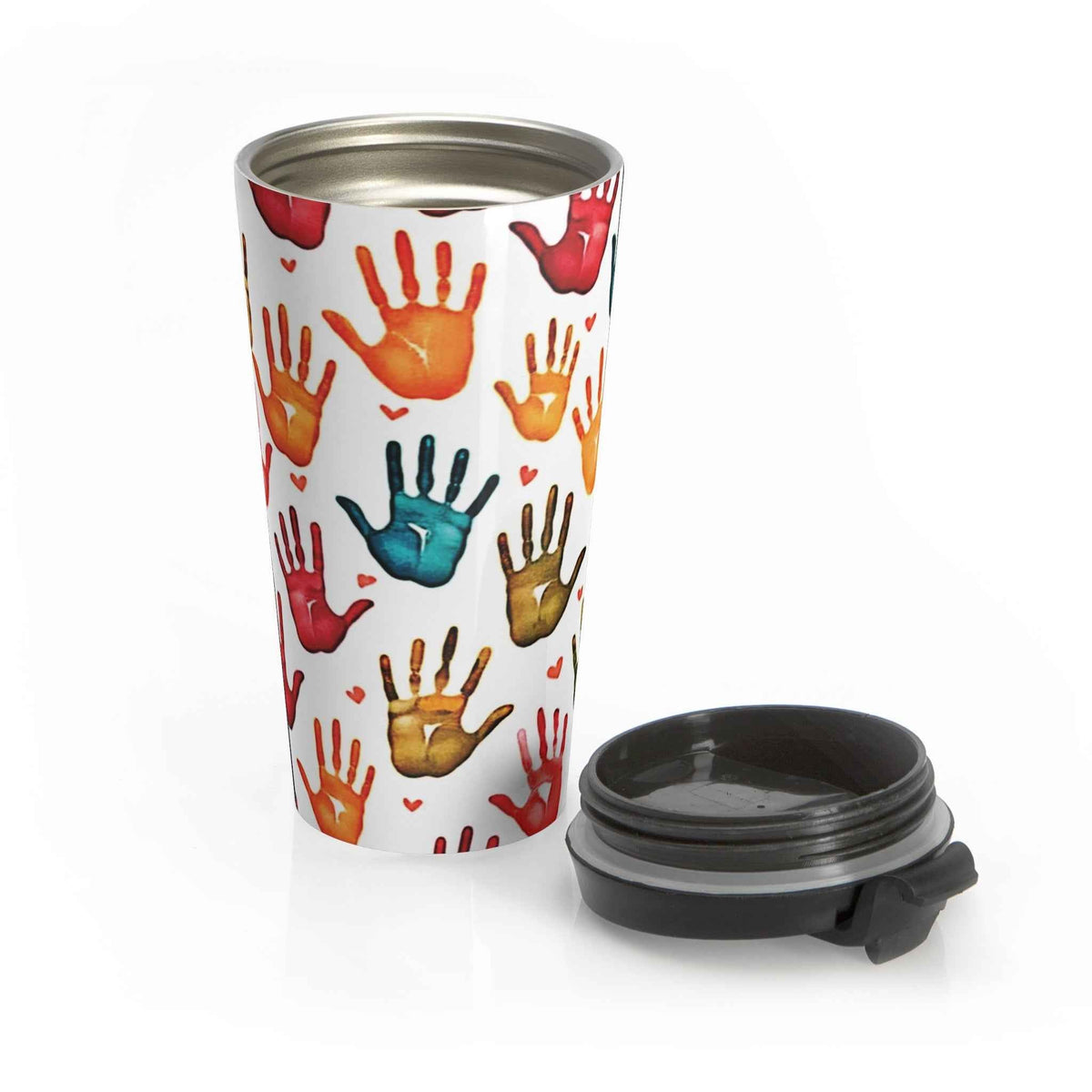 Mug de voyage — Gobelet en acier inoxydable à motifs d'empreintes de mains colorées (cadeau pour enfants et enseignants)