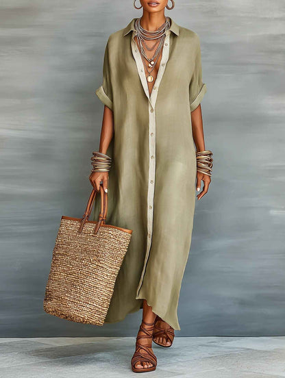 Robe chemisier d'été à manches courtes pour femme – Robe longue à col à revers et boutonnage à l'avant