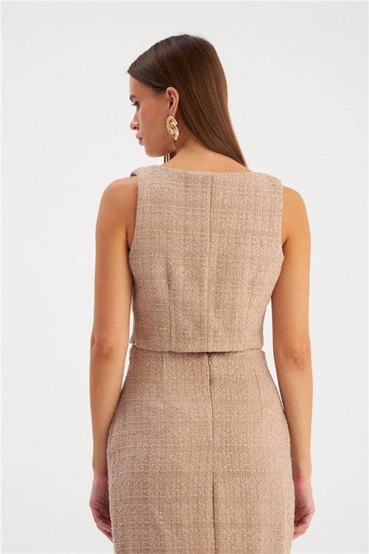 Chemisier court en tweed à bretelles - Beige