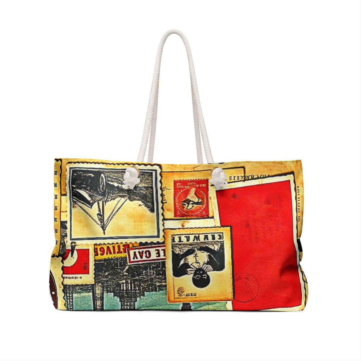 Sac polochon cartes postales de voyage vintage | Collage de timbres rétro, grand sac fourre-tout