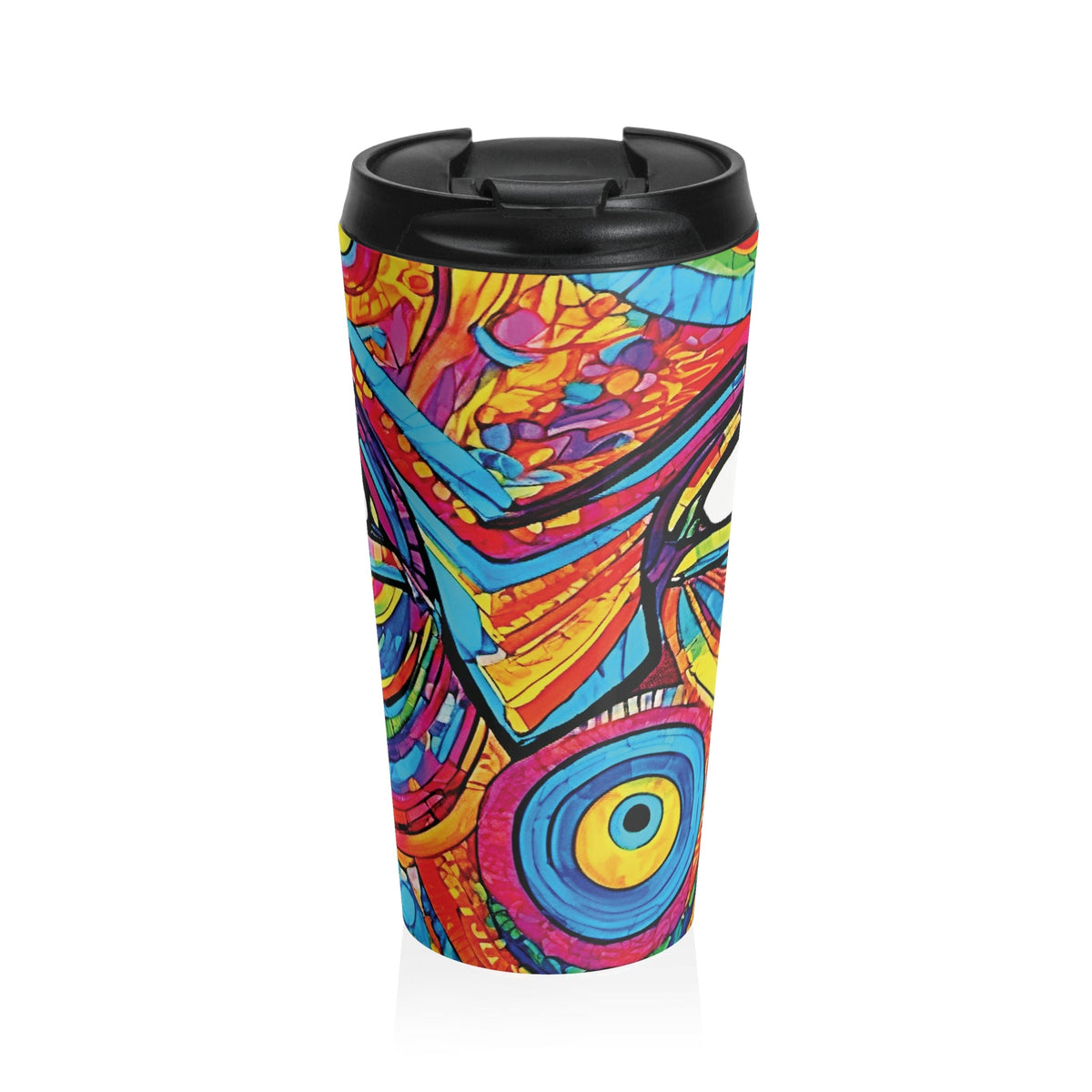 Mug de Voyage Visage Abstrait Coloré — Gobelet Vibrant en Acier Inoxydable Psychédélique