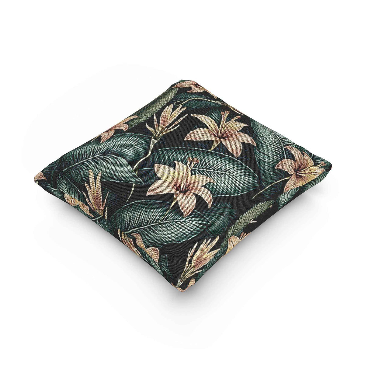 Oreiller tissé à motif lys tropical | Coussin décoratif floral botanique