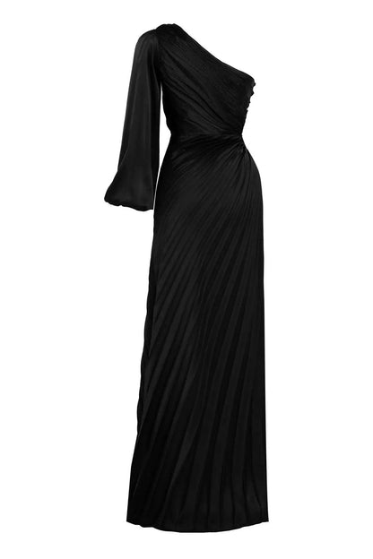 Robe longue en satin à manche unique - Noire