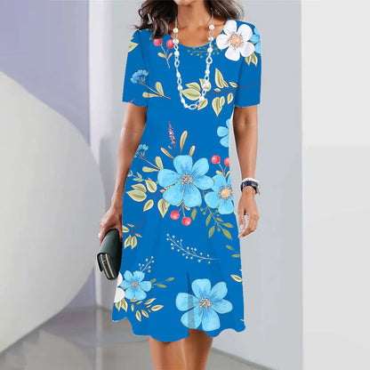 Robe de soirée à imprimé floral 3D pour femme – Robe élégante bleue sans manches à col rond