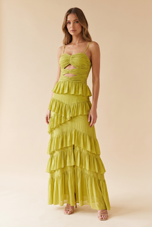 Robes de soirée de demoiselle d'honneur à superpositions avec fermeture éclair et lacets - Citron vert