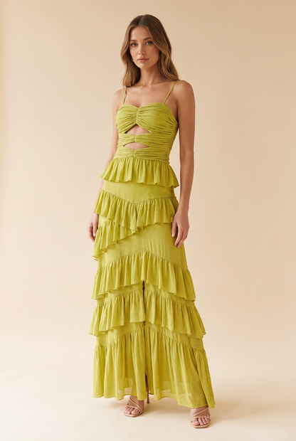 Robes de soirée de demoiselle d'honneur à superpositions avec fermeture éclair et lacets - Citron vert
