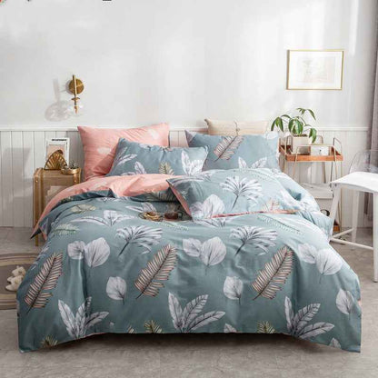 Cotton 4-Piece Bedding Set – Floral Plant Print Bed Linen Set with Duvet Cover