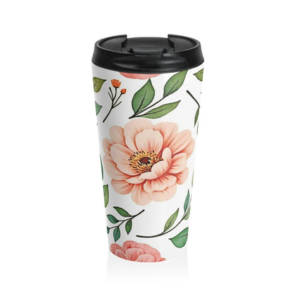 Mug de voyage en acier inoxydable à motif floral pêche | Feuilles botaniques