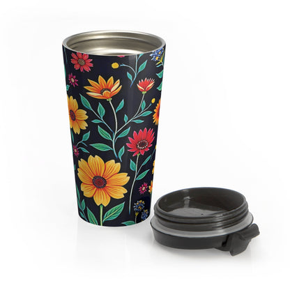 Mug de voyage en acier inoxydable motif floral coloré | Fond noir