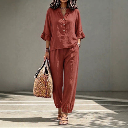 Ensemble décontracté pour femme : haut à col en V et pantalon court à jambes larges – Tenue de bureau rétro