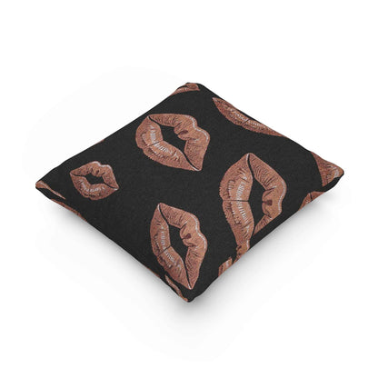 Oreiller tissé imprimé lèvres or rose | Fond noir, coussin décoratif