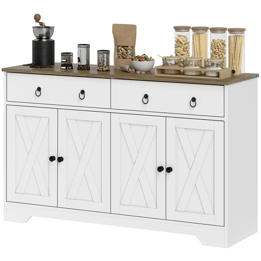 Buffet de cuisine blanc – 2 tiroirs, 4 portes de style grange et étagères réglables (Livraison aux États-Unis et au Canada uniquement)