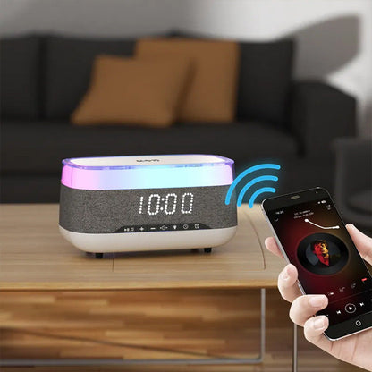 Réveil intelligent multifonctionnel Haut-parleur Bluetooth Chargeur sans fil Chargement rapide Horloge Lumière d'ambiance Décoration intérieure