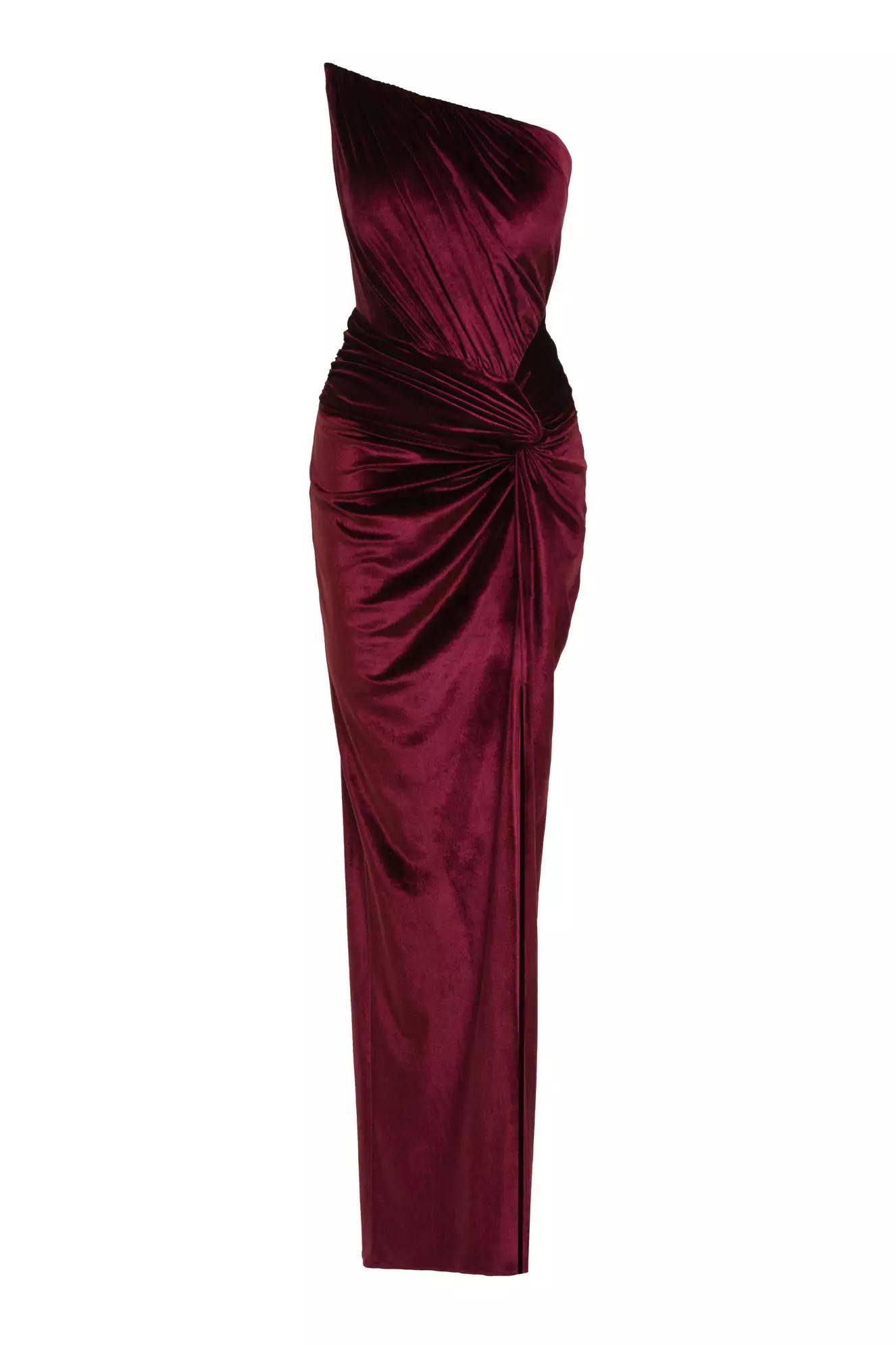 Robe longue cache-cœur bustier en velours fendue - Bordeaux