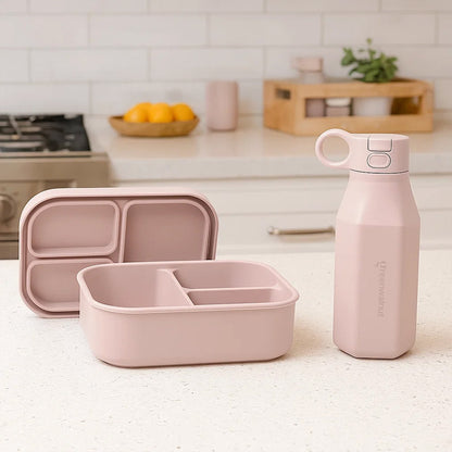 Ensemble boîte à bento en silicone et bouteille d'eau – Récipient alimentaire antifuite à 3 compartiments pour enfants et adultes