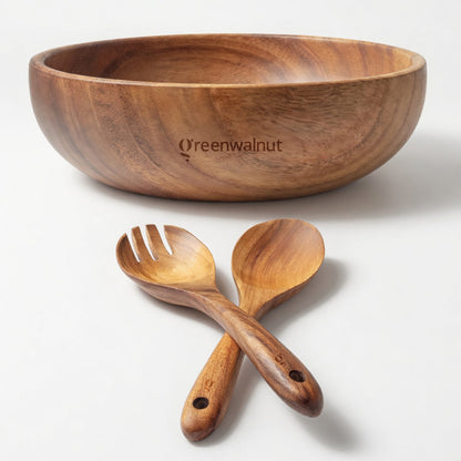 Acacia Wood Serving Bowl Set – Salad Bowl with Matching Serving Spoons