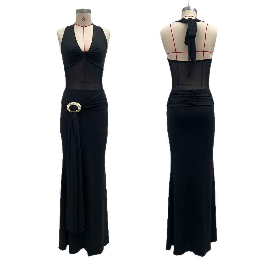 Robe moulante dos nu sexy pour femme avec empiècements en maille – Robe de soirée longue à dos nu