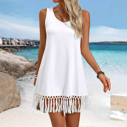 Robe mi-longue asymétrique sans manches à pompons, style européen et américain, pour femme, couleur unie