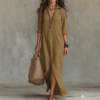 Robe longue à manches longues, décontractée, de couleur unie, col revers, fente latérale, robes de plage, vêtements pour femmes