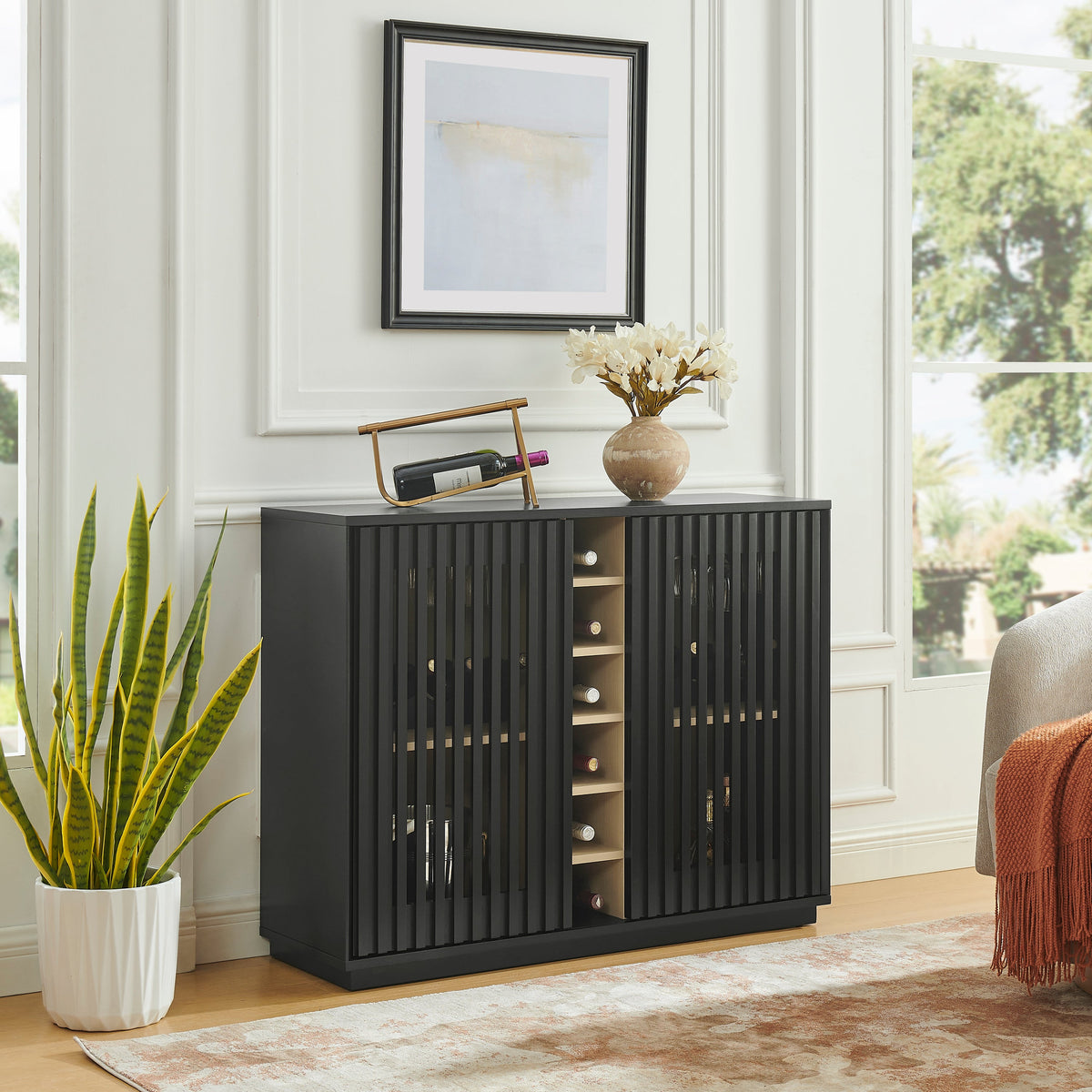 Mid Century Modern Fluted Hollowed Out Liquor Cabinet, Buffet Cabinet With Wine Glass Holder & Wine Rack, Storage Cabinet For Living Room, Entryway, Hallway, Dining Room, Kitchen (United States Delivery Only)