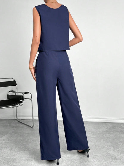 Ensemble deux pièces pour femme : haut court sans manches à col rond et pantalon large – Tenue décontractée unie pour le bureau