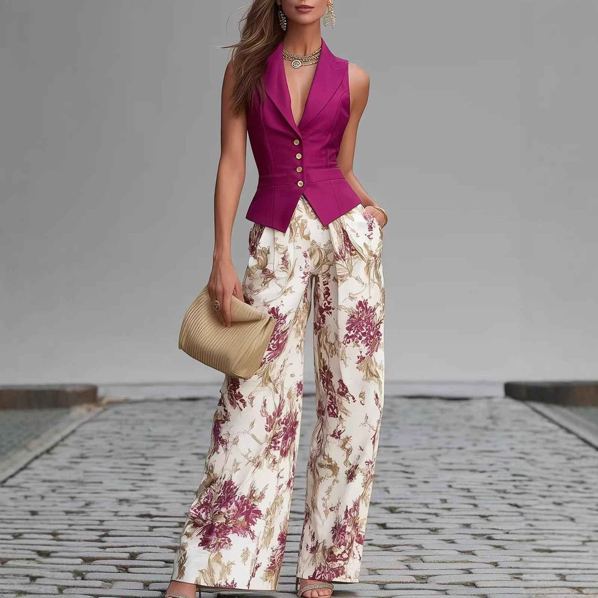 Ensemble deux pièces gilet boutonné élégant et pantalon large amincissant d'été pour femme