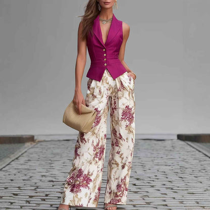 Ensemble deux pièces gilet boutonné élégant et pantalon large amincissant d'été pour femme