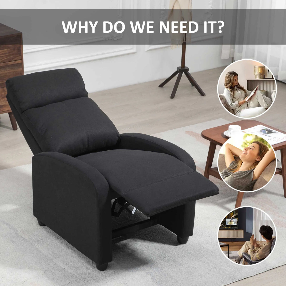 Black Fabric Recliner Chair – Manual Home Theater & Living Room Reclining Sofa (United States & Canada Delivery Only)