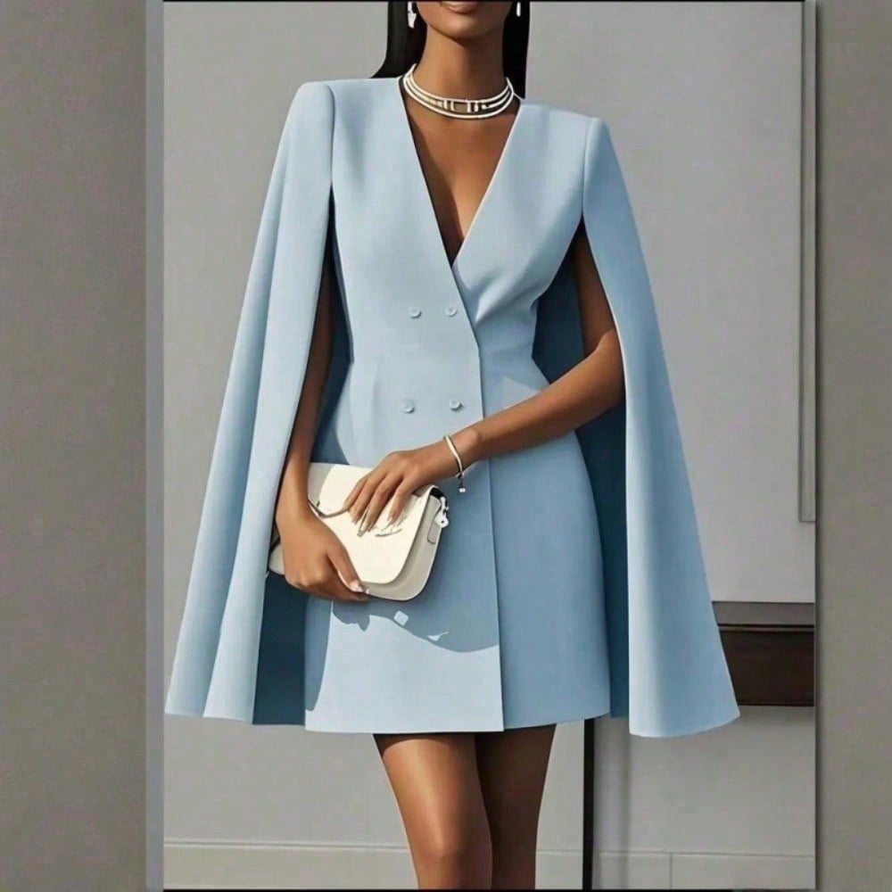 Robe blazer courte à cape élégante pour femme, robe habillée de luxe à double boutonnage, col en V, épaules structurées et manches cape fluides.