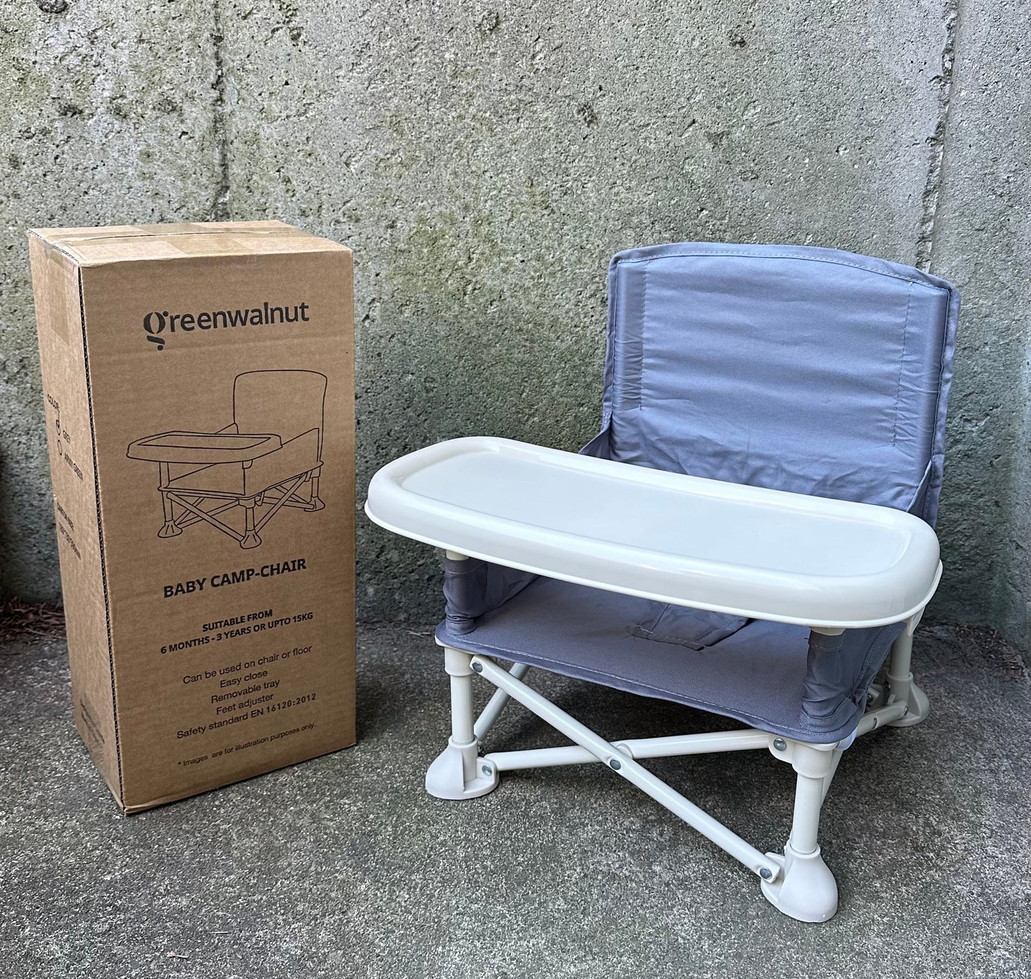 Chaise portable pour bébé | Chaise de camping avec tablette amovible (grise)