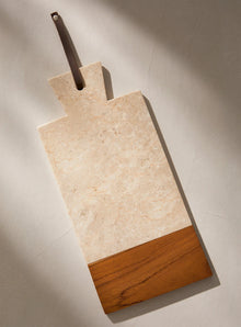 Rectangular white marble and teak wood cutting board