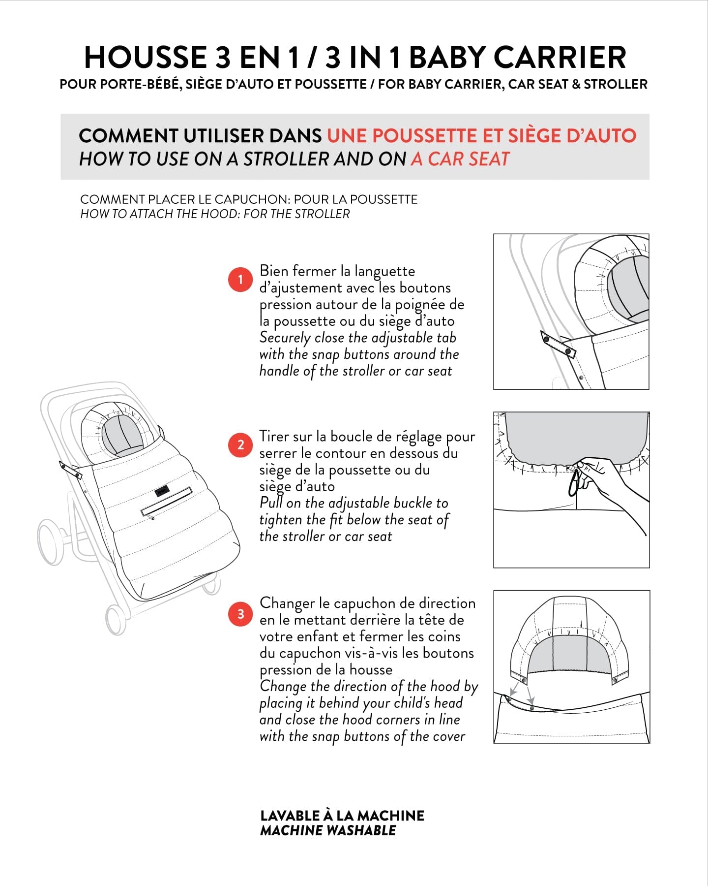 Housse multifonction 3-en-1 pour siège auto, poussette et porte-bébé, coloris blanc cassé