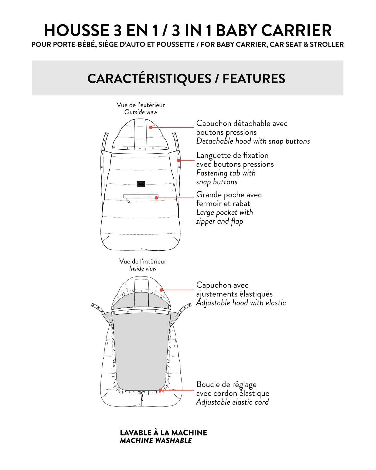 Housse multifonction 3-en-1 pour siège auto, poussette et porte-bébé, coloris blanc cassé