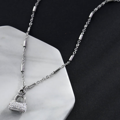 Collier chaîne à billes ABENI avec pendentif cadenas pavé en zircone en argent