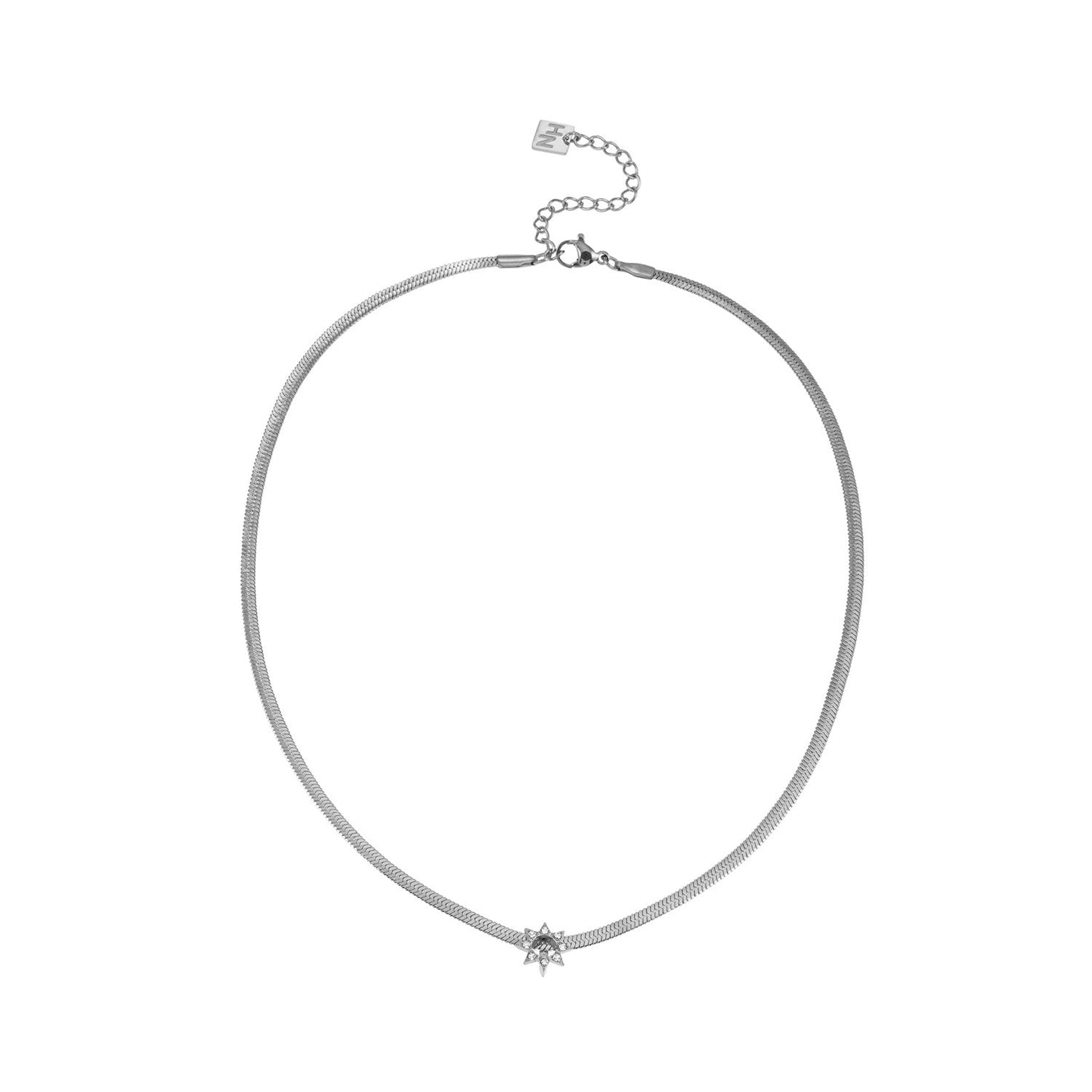 AGULHAS Or Blanc (Ton Argent) : Élégance Céleste - Collier Chaîne Peau de Serpent avec Pendentif Étoile Incrusté de Zirconium