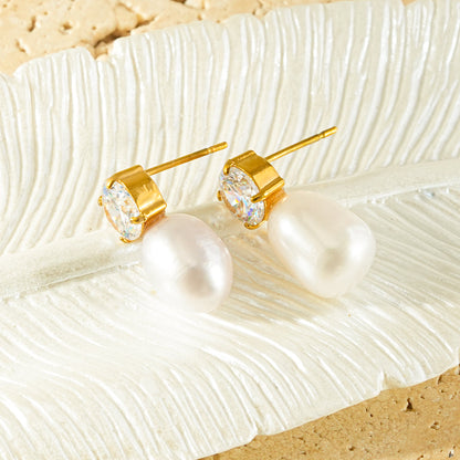 AISHANA Gold: Freshwater Pearl & Solitaire Zirconia Stud Earrings