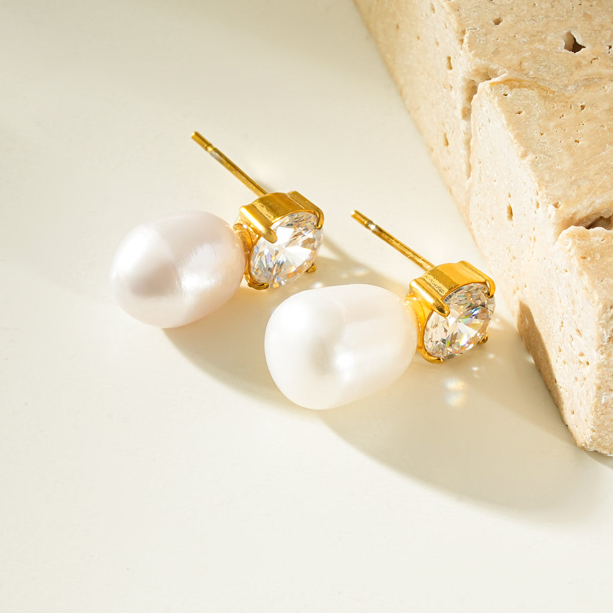 AISHANA Gold: Freshwater Pearl & Solitaire Zirconia Stud Earrings